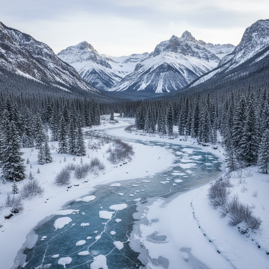 A dramatic winter scene in Jasper National Park featuring a frozen river winding through a deep, rugged valley framed by steep, forested slopes and towering snow-covered peaks. The river’s surface is a mosaic of opaque white snow and translucent blue ice, with visible cracks and trapped air bubbles adding intricate texture. Sparse frost-coated shrubs and dark conifer trees punctuate the riverbanks. Pale, low-angle winter sunlight filters through thin clouds, creating a soft, cool illumination with delicate highlights on the ice and subtle shadows along the valley walls. Shot from a slightly elevated vantage point with sharp focus across the entire frame, the composition follows the river’s curve into the distance. The atmosphere is quiet, remote, and pristine, rendered in professional, documentary-style photographic realism.