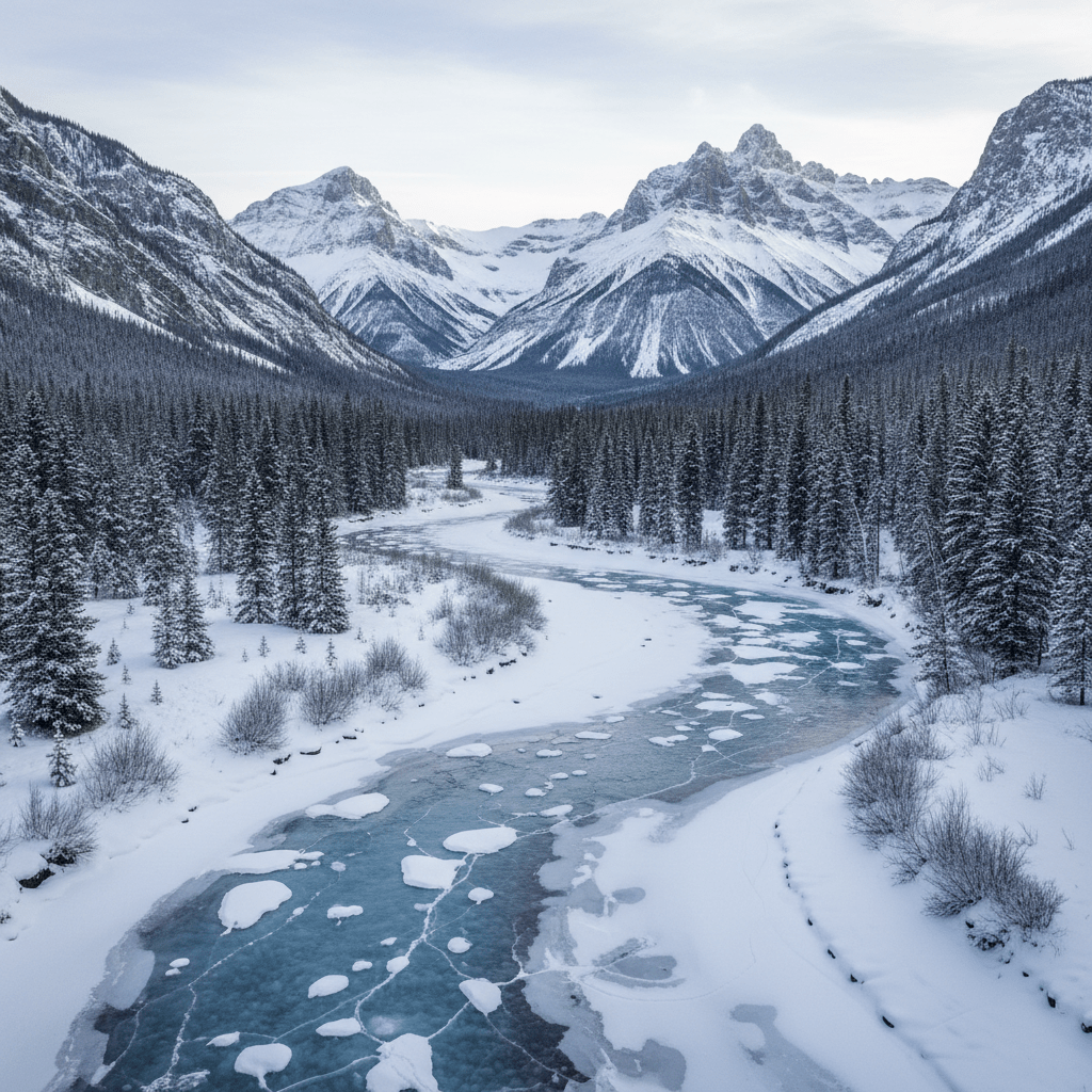 A dramatic winter scene in Jasper National Park featuring a frozen river winding through a deep, rugged valley framed by steep, forested slopes and towering snow-covered peaks. The river’s surface is a mosaic of opaque white snow and translucent blue ice, with visible cracks and trapped air bubbles adding intricate texture. Sparse frost-coated shrubs and dark conifer trees punctuate the riverbanks. Pale, low-angle winter sunlight filters through thin clouds, creating a soft, cool illumination with delicate highlights on the ice and subtle shadows along the valley walls. Shot from a slightly elevated vantage point with sharp focus across the entire frame, the composition follows the river’s curve into the distance. The atmosphere is quiet, remote, and pristine, rendered in professional, documentary-style photographic realism.