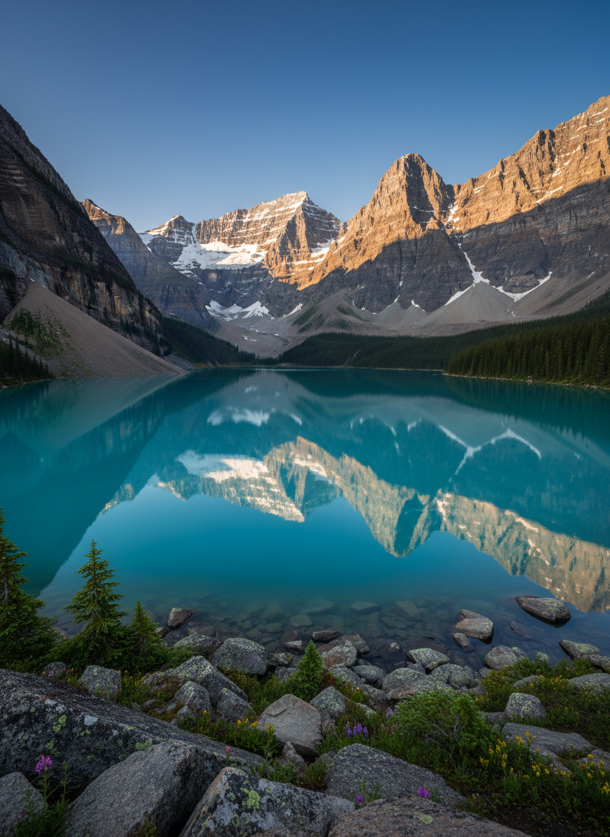 A sweeping panoramic vista of the Canadian Rocky Mountains in peak summer, snow-dusted jagged peaks rising sharply against a deep cobalt sky. In the foreground, a perfectly still turquoise glacial lake mirrors the mountains with glasslike clarity, edged by smooth granite boulders, moss, and low alpine shrubs in rich green tones. Soft late-afternoon sunlight casts long, defined shadows, giving the scene crisp photographic realism while highlighting striations in the rock. Captured from an elevated eye-level perspective with sharp focus throughout, the composition follows the rule of thirds, emphasizing the distant peaks and their reflection. The overall mood is serene, spacious, and awe-inspiring, conveying the grand scale of Canada’s national parks in a clean, professional, documentary-style landscape photograph.