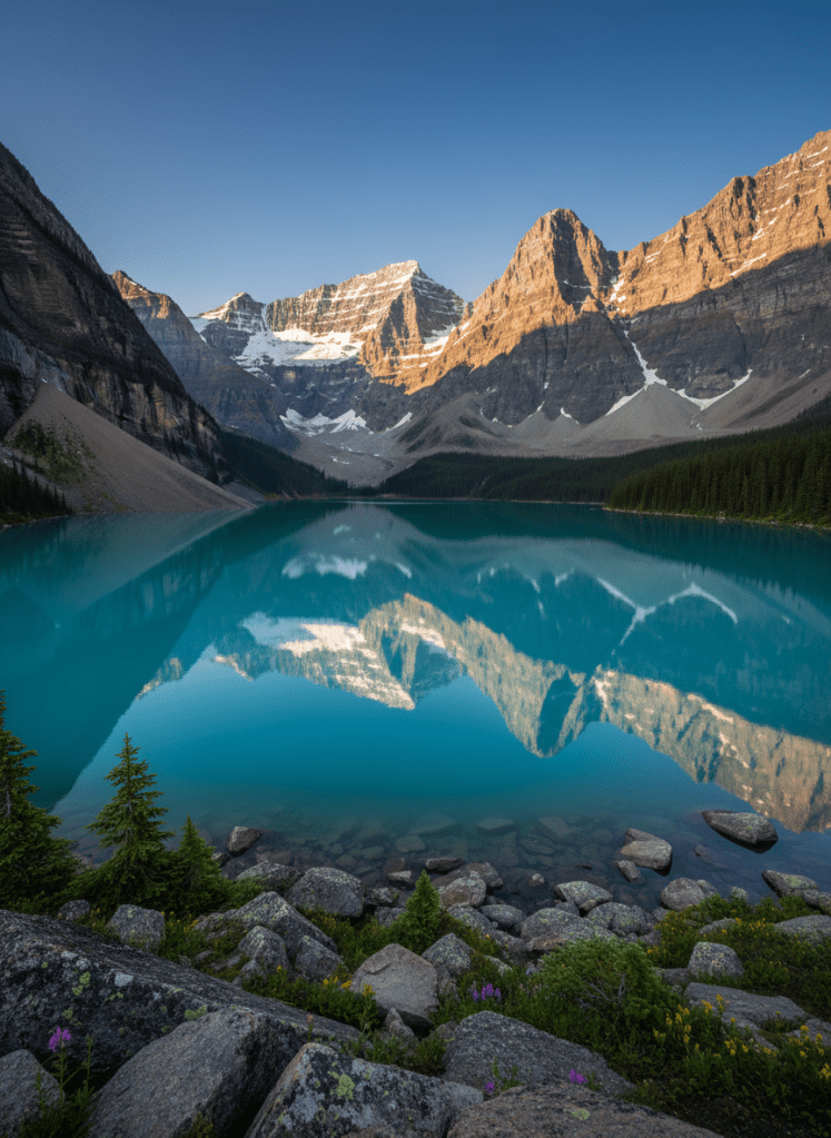 A sweeping panoramic vista of the Canadian Rocky Mountains in peak summer, snow-dusted jagged peaks rising sharply against a deep cobalt sky. In the foreground, a perfectly still turquoise glacial lake mirrors the mountains with glasslike clarity, edged by smooth granite boulders, moss, and low alpine shrubs in rich green tones. Soft late-afternoon sunlight casts long, defined shadows, giving the scene crisp photographic realism while highlighting striations in the rock. Captured from an elevated eye-level perspective with sharp focus throughout, the composition follows the rule of thirds, emphasizing the distant peaks and their reflection. The overall mood is serene, spacious, and awe-inspiring, conveying the grand scale of Canada’s national parks in a clean, professional, documentary-style landscape photograph.