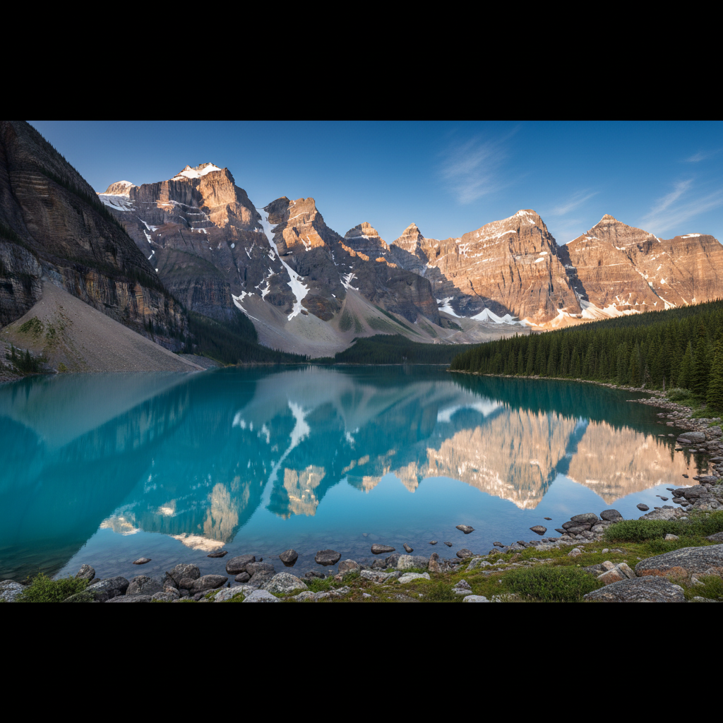 A sweeping panoramic vista of the Canadian Rocky Mountains in peak summer, snow-dusted jagged peaks rising sharply against a deep cobalt sky. In the foreground, a perfectly still turquoise glacial lake mirrors the mountains with glasslike clarity, edged by smooth granite boulders, moss, and low alpine shrubs in rich green tones. Soft late-afternoon sunlight casts long, defined shadows, giving the scene crisp photographic realism while highlighting striations in the rock. Captured from an elevated eye-level perspective with sharp focus throughout, the composition follows the rule of thirds, emphasizing the distant peaks and their reflection. The overall mood is serene, spacious, and awe-inspiring, conveying the grand scale of Canada’s national parks in a clean, professional, documentary-style landscape photograph.