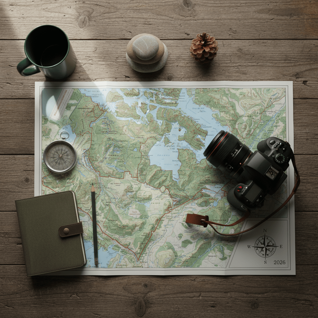 A meticulously arranged flat-lay composition on a rough-hewn wooden cabin table, showcasing essential gear for a 2026 journey through Canada’s Rocky Mountain national parks. A detailed, topographic map of the Rockies lies open at the center, its contour lines and park boundaries sharply rendered. Around it sit a well-used metal compass with a brushed steel finish, a weatherproof field notebook with a textured dark-green cover, and a rugged DSLR camera with a wide-angle lens. A small pile of smooth river stones and a spruce cone add natural context. Soft, diffused window light from the left creates gentle highlights on the metal surfaces and subtle shadows along the paper’s creases. Shot from a perfectly overhead, bird’s-eye view with clean, professional photographic realism, the mood is organized, intentional, and quietly adventurous.