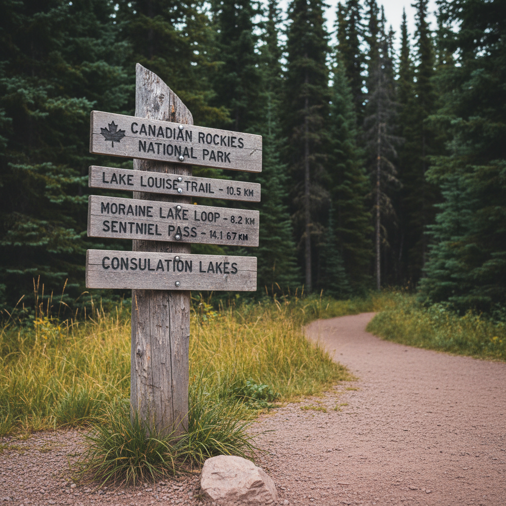 A detailed close-up of a weathered wooden trail signpost at the entrance to a Canadian national park, its grainy cedar surface etched with engraved route names and distances. The sign stands firmly in a bed of crushed gravel and wild grasses, with a well-maintained dirt trail winding into a dense conifer forest of tall, dark-green spruce and pine trees. Diffused overcast light from a cloudy sky softens contrast, creating subtle highlights along the sign’s carved letters and casting gentle shadows beneath. Shot at eye level with shallow depth of field, the background forest fades into a soft blur, directing attention to the sign’s texture and craftsmanship. The mood is calm, purposeful, and inviting, evoking the beginning of a carefully planned journey in a realistic, professional photographic style.