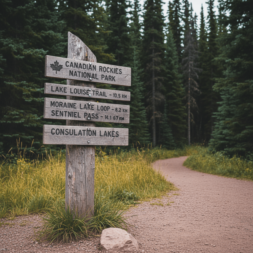 A detailed close-up of a weathered wooden trail signpost at the entrance to a Canadian national park, its grainy cedar surface etched with engraved route names and distances. The sign stands firmly in a bed of crushed gravel and wild grasses, with a well-maintained dirt trail winding into a dense conifer forest of tall, dark-green spruce and pine trees. Diffused overcast light from a cloudy sky softens contrast, creating subtle highlights along the sign’s carved letters and casting gentle shadows beneath. Shot at eye level with shallow depth of field, the background forest fades into a soft blur, directing attention to the sign’s texture and craftsmanship. The mood is calm, purposeful, and inviting, evoking the beginning of a carefully planned journey in a realistic, professional photographic style.
