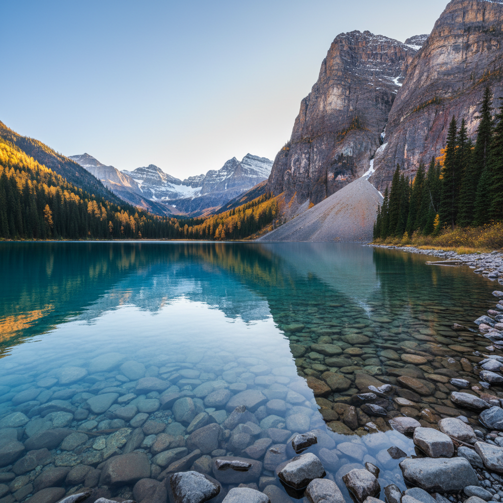 A crystal-clear alpine lake in Banff National Park during early autumn, its surface a luminous teal gradient transitioning to deep blue toward the center, revealing smooth stones beneath the shallows. Towering limestone cliffs rise on one side, streaked with mineral veins and patches of lingering snow, while the opposite shore is lined with golden larch trees and dark evergreen forest. Soft golden hour sunlight grazes the treetops and cliff faces, creating warm highlights and cool, bluish shadows. Captured from a low shoreline perspective with a wide-angle lens, rounded stones in the foreground lead the eye toward the distant peaks. The mood is reflective and contemplative, with photographic realism and a clean, uncluttered composition that emphasizes the natural color contrasts of the Canadian Rockies.